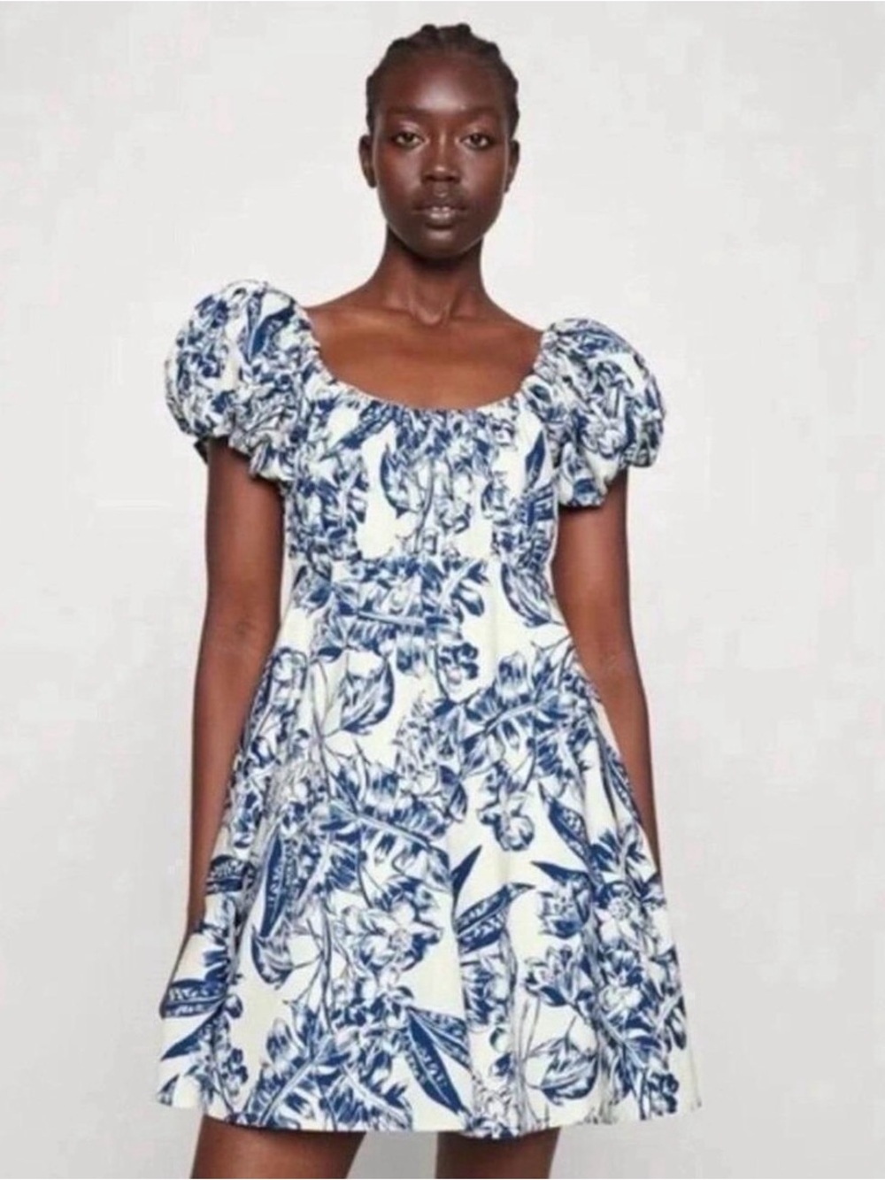 Abercrombie & Fitch Blue and White Floral Puff Sleeve Dress Medium Coastal Light